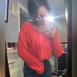 Pink Ribbed Cropped Long Sleeve Sweater